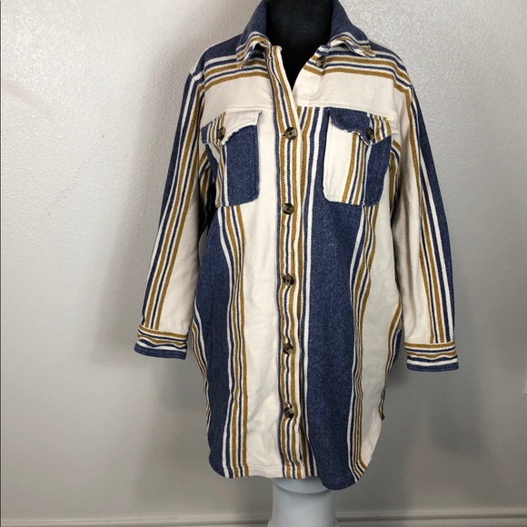 Aerie Striped Shacket Button‎ Up Long Sleeve Flannel Yellow Blue Oversized XS - Picture 3 of 16